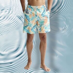 Trinity Coast Swim Trunks Tropical UPF 50 Quick Dry Mesh Liner Blue/Peach XL